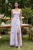 Lilac Printed Square Neck A Line Midi Dress with Slit