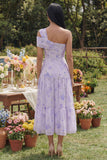 Lilac Printed One Shoulder A Line Midi Dress with Ruffles