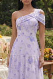 Lilac Printed One Shoulder A Line Midi Dress with Ruffles