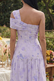 Lilac Printed One Shoulder A Line Midi Dress with Ruffles
