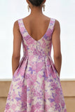 Lilac Flower Printed Curved Square Neck A Line Midi Dress