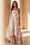 White Pink Flower Printed Strapless A Line Midi Dress with Ruffles