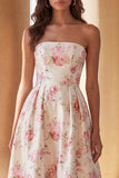 White Pink Flower Printed Strapless A Line Midi Dress with Ruffles