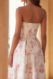 White Pink Flower Printed Strapless A Line Midi Dress with Ruffles
