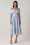Blue Jacquard Off the Shoulder Corset A Line Midi Dress with Ruffles