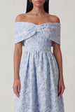 Blue Jacquard Off the Shoulder Corset A Line Midi Dress with Ruffles