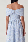 Blue Jacquard Off the Shoulder Corset A Line Midi Dress with Ruffles