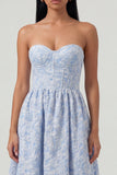 Blue Jacquard Corset Strapless A Line Midi Dress
