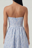 Blue Jacquard Corset Strapless A Line Midi Dress