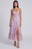 Lilac Flower Appliqued Spaghetti Straps A Line Midi Dress with Slit