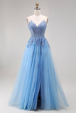Blue Tulle Corset A-Line Sweetheart Appliqued Long Ball Dress with Slit