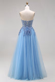 Blue Tulle Corset A-Line Sweetheart Appliqued Long Ball Dress with Slit