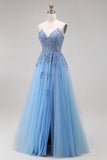 Blue Tulle Corset A-Line Sweetheart Appliqued Long Ball Dress with Slit
