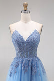 Blue Tulle Corset A-Line Sweetheart Appliqued Long Ball Dress with Slit