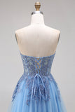 Blue Tulle Corset A-Line Sweetheart Appliqued Long Ball Dress with Slit
