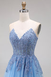 Blue Tulle Corset A-Line Sweetheart Appliqued Long Ball Dress with Slit