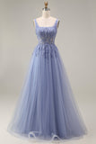 Tulle Dusty Lavender Corset A-Line Square Neck Appliqued Long Ball Dress