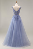 Tulle Dusty Lavender Corset A-Line Square Neck Appliqued Long Ball Dress