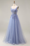 Tulle Dusty Lavender Corset A-Line Square Neck Appliqued Long Ball Dress