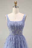 Tulle Dusty Lavender Corset A-Line Square Neck Appliqued Long Ball Dress