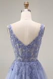 Tulle Dusty Lavender Corset A-Line Square Neck Appliqued Long Ball Dress