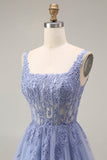 Tulle Dusty Lavender Corset A-Line Square Neck Appliqued Long Ball Dress