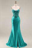 Peacock Satin Corset Mermaid Sweetheart Ruched Beaded Appliqued Long Ball Dress with Slit