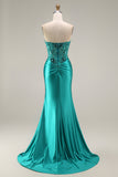 Peacock Satin Corset Mermaid Sweetheart Ruched Beaded Appliqued Long Ball Dress with Slit