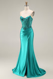Peacock Satin Corset Mermaid Sweetheart Ruched Beaded Appliqued Long Ball Dress with Slit