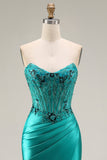 Peacock Satin Corset Mermaid Sweetheart Ruched Beaded Appliqued Long Ball Dress with Slit