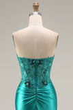 Peacock Satin Corset Mermaid Sweetheart Ruched Beaded Appliqued Long Ball Dress with Slit