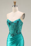 Peacock Satin Corset Mermaid Sweetheart Ruched Beaded Appliqued Long Ball Dress with Slit