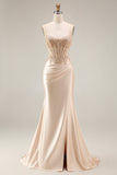 Champagne Satin Corset Mermaid Appliqued Ruched Long Ball Dress with Slit