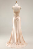 Champagne Satin Corset Mermaid Appliqued Ruched Long Ball Dress with Slit