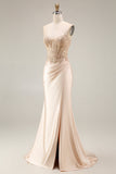 Champagne Satin Corset Mermaid Appliqued Ruched Long Ball Dress with Slit