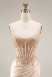 Champagne Satin Corset Mermaid Appliqued Ruched Long Ball Dress with Slit
