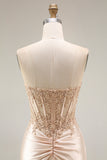 Champagne Satin Corset Mermaid Appliqued Ruched Long Ball Dress with Slit