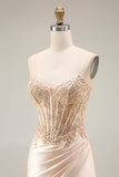 Champagne Satin Corset Mermaid Appliqued Ruched Long Ball Dress with Slit
