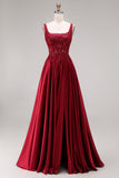 Sparkly Burgundy Velvet Corset A-Line Square Neck Long Ball Dress with Beading