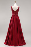 Sparkly Burgundy Velvet Corset A-Line Square Neck Long Ball Dress with Beading