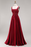 Sparkly Burgundy Velvet Corset A-Line Square Neck Long Ball Dress with Beading