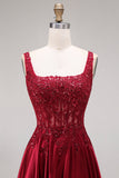 Sparkly Burgundy Velvet Corset A-Line Square Neck Long Ball Dress with Beading