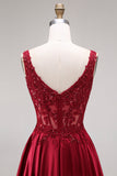 Sparkly Burgundy Velvet Corset A-Line Square Neck Long Ball Dress with Beading