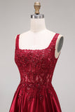 Sparkly Burgundy Velvet Corset A-Line Square Neck Long Ball Dress with Beading