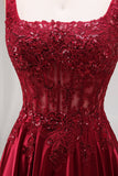 Sparkly Burgundy Velvet Corset A-Line Square Neck Long Ball Dress with Beading