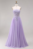 Tulle Lilac Strapless Corset A-Line Appliqued Long Ball Dress