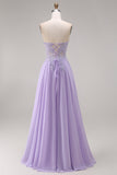 Tulle Lilac Strapless Corset A-Line Appliqued Long Ball Dress