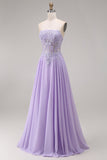 Tulle Lilac Strapless Corset A-Line Appliqued Long Ball Dress