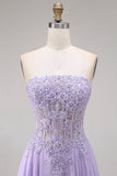 Tulle Lilac Strapless Corset A-Line Appliqued Long Ball Dress