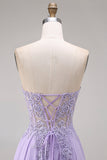Tulle Lilac Strapless Corset A-Line Appliqued Long Ball Dress